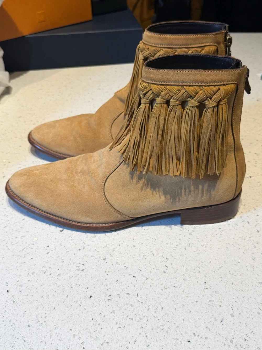 Jimmy choo Men's Suede Fringe Ankle Boots in Tan back zip